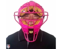 Wilson Umpire Gear Wilson MLB Pink Dyna-Lite Steel Umpire Mask With Pink And Tan -UMPLIFE Shop A3009 PK TN Worn Front 1