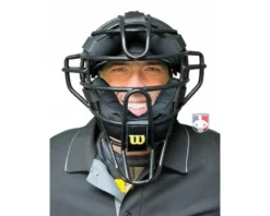 Wilson Umpire Gear Wilson Dyna-Lite Steel Umpire Mask With Memory Foam -UMPLIFE Shop A3009X MEM Wilson Dyna Lite Steel Umpire Mask with Memory Foam worn front