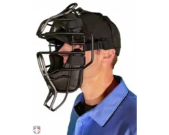 Diamond Umpire Gear Diamond Matte Black Big League Aluminum Umpire Mask With Leather -UMPLIFE Shop DFM BL Diamond Big League Aluminum Umpire Mask with Leather Worn Front Angled View