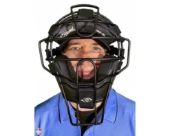 Diamond Umpire Gear Diamond Matte Black Big League Aluminum Umpire Mask With Leather -UMPLIFE Shop DFM BL Diamond Big League Aluminum Umpire Mask with Leather Worn Front View