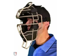 Diamond Umpire Gear Diamond Silver Big League Aluminum Umpire Mask With Leather -UMPLIFE Shop DFM BL SV Diamond Silver Big League Aluminum Umpire Mask with Leather Worn Front Angled View