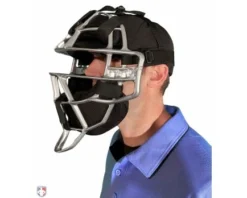 ALL-STAR Umpire Gear All-Star Silver Magnesium Umpire Mask With Black LUC -UMPLIFE Shop FM4000MAG UMP SV BK All Star Magnesium Umpire Mask with Black LUC Worn Front Angled View