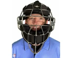 ALL-STAR Umpire Gear All-Star Silver Magnesium Umpire Mask With Black LUC -UMPLIFE Shop FM4000MAG UMP SV BK All Star Magnesium Umpire Mask with Black LUC Worn Front View