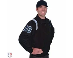 Smitty Umpire Smitty Traditional Half-Zip Umpire Jacket - Black And Powder Blue -UMPLIFE Shop S320 BK PB Smitty Traiditonal Half Zip Umpire Jacket Black with Polo Blue Front Angled View with Black on Light Blue on White Precision Cut Number