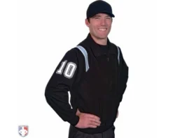 Smitty Umpire Smitty Traditional Half-Zip Umpire Jacket - Black And Powder Blue -UMPLIFE Shop S320 BK PB Smitty Traiditonal Half Zip Umpire Jacket Black with Polo Blue Front Angled View with White on Black on White Precision Cut Number