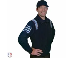 Smitty Umpire Smitty Traditional Half-Zip Umpire Jacket - Navy And Powder Blue -UMPLIFE Shop S320 N PB Smitty Traditional Half Zip Umpire Jacket Navy with Powder Blue Front Angled View with Navy on Powder Blue on White Precision Cut Numbers 1