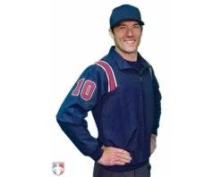 Smitty Umpire Smitty Traditional Half-Zip Umpire Jacket - Navy And Red -UMPLIFE Shop S320 N R Smitty Traditional Half Zip Umpire Jacket Navy with Red and White Worn Front Angled View with Numbers