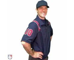 Smitty Umpire Smitty Traditional Half-Zip Short Sleeve Umpire Jacket - Navy And Red -UMPLIFE Shop S324 N R W Smitty Traditonal Half Zip Short Sleeve Umpire Jacket Navy and Red Worn Front Angled View with N4 SUB RNW