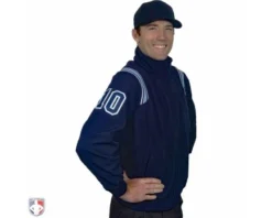 Smitty Umpire Smitty Major League Style Fleece Lined Umpire Jacket - Navy And Polo Blue 5 Smitty Umpire Smitty Major League Style Fleece Lined Umpire Jacket - Navy And Polo Blue -UMPLIFE Shop S330 N PB Smitty Major League Style Fleece Lined Umpire Jacket Navy with Powder Blue Front Angled View with Navy on Powder Blue on White Precision Cut Numbers 1